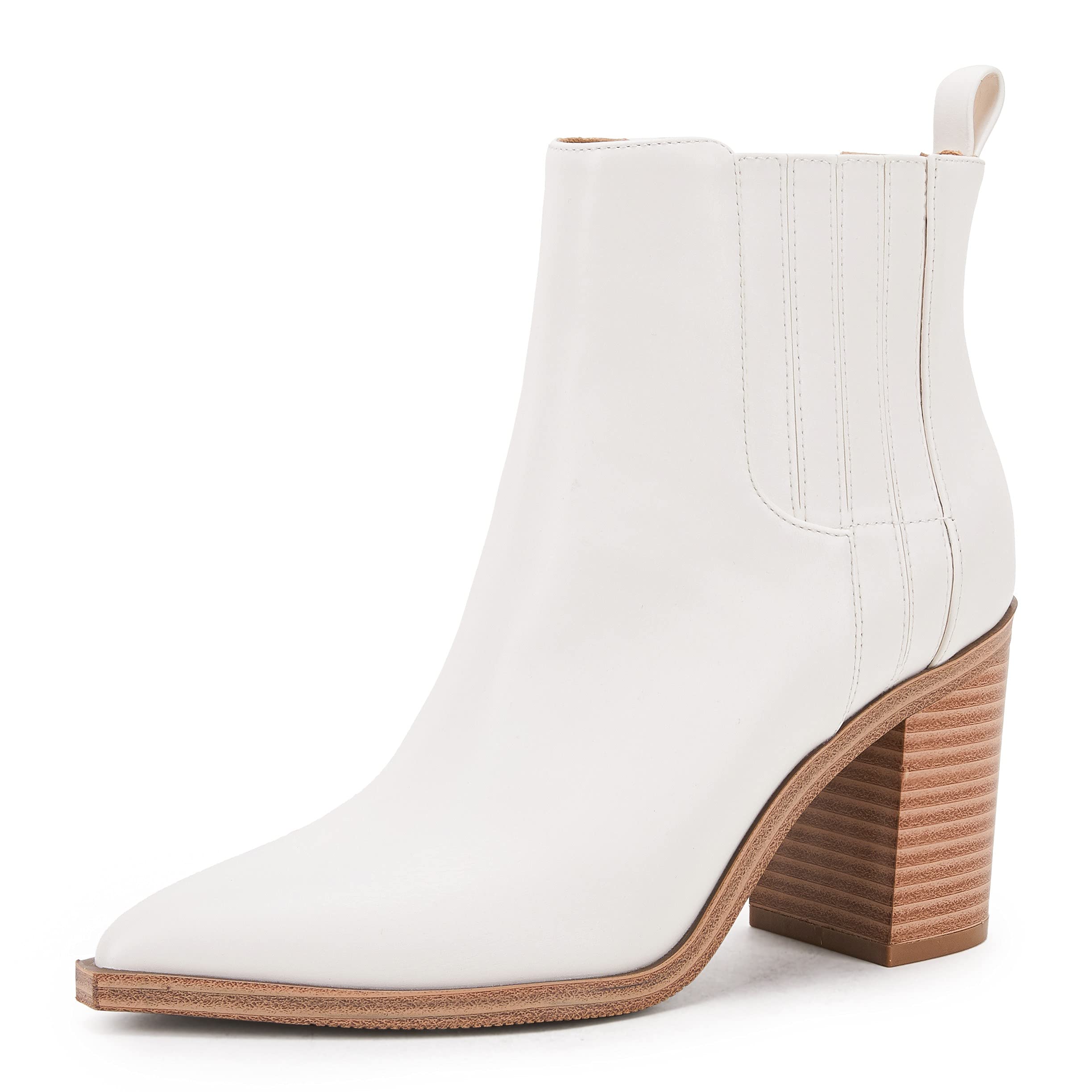 Womens Ankle Boots Slip on Pointed Toe Chunky Block Mid Heel Leather Elastic Pan