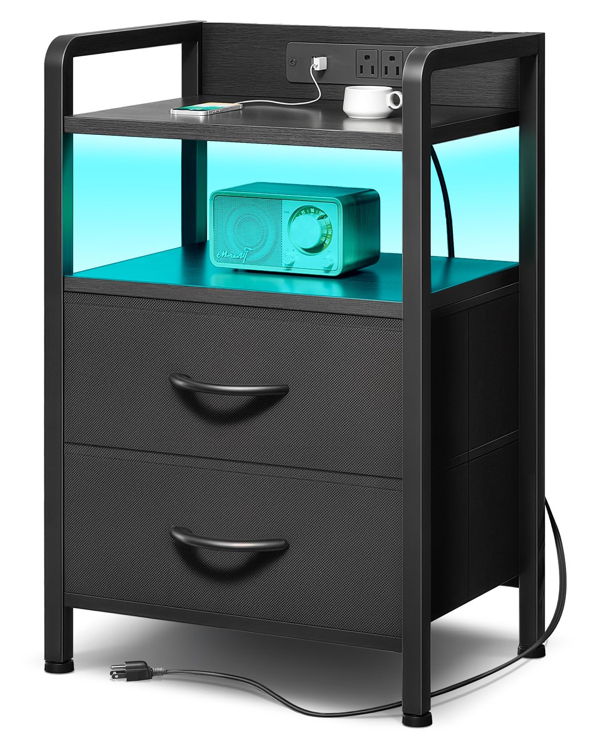 Lazzanto Nightstand with Rear Charging Station, LED Light, 2 Drawers, Black | In