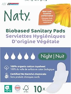 Naty Sanitary Towels Night for Women with Wings, Heavy Flow, 10 Count | 100% Organic Cotton top Sheet, Period Pads Certified Skin-Safe, Unscented, Absorbent Protection, Comfortable & Breathable