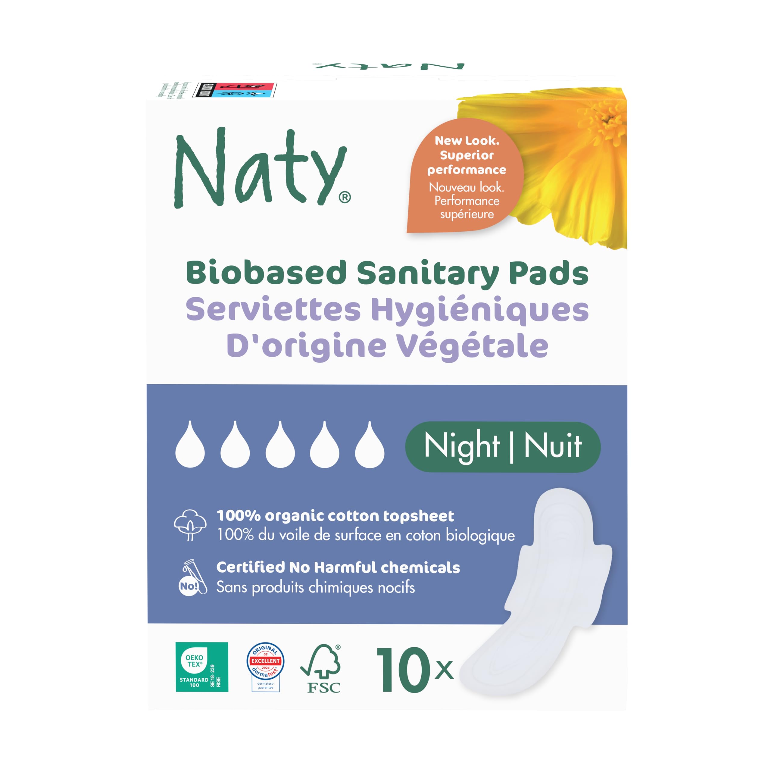 Naty Sanitary Towels Night for Women with Wings, Heavy Flow, 10 Count | 100% Org