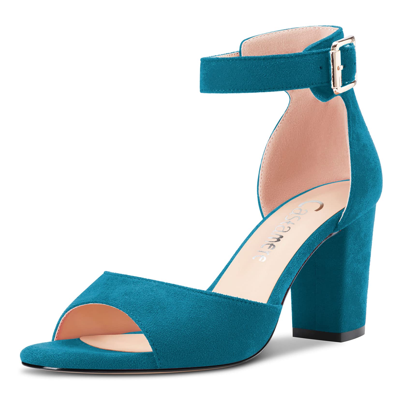 CASTAMERE Women Chunky Wide Medium Heel Open Toe Strap Ankle Sandals