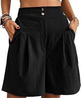 Women Shorts High Waist Wide Leg Casual Pleated Summer Pants Side Pockets Lightweight Breathable Pants