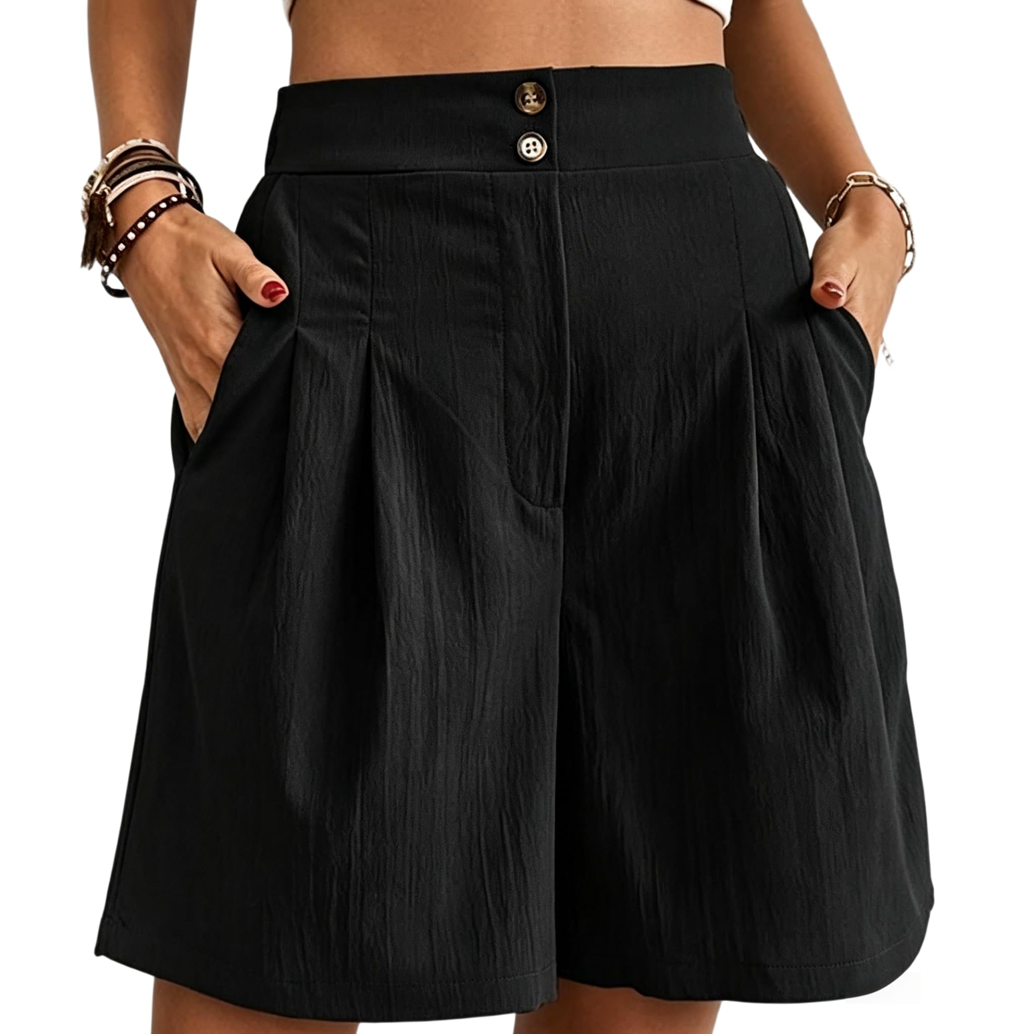 Women Shorts High Waist Wide Leg Casual Pleated Summer Pants Side Pockets Lightw