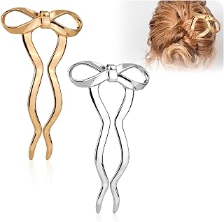 2 Bow Hair Forks, Metal Hairpins for Buns, Vintage French Hairpin Bow Knot Wave Hairpins, Hair Prong Chignon Up Do Twist Hair Stick for Women Hair Styling Accessories (Gold, Silver)