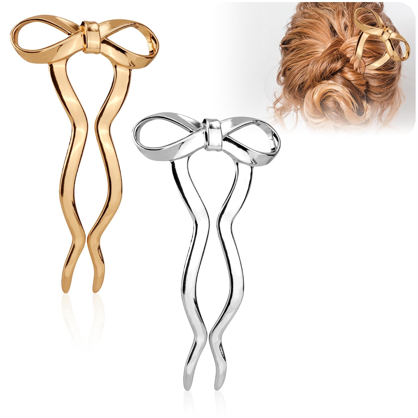 2 Bow Hair Forks, Metal Hairpins for Buns, Vintage French Hairpin Bow Knot Wave 