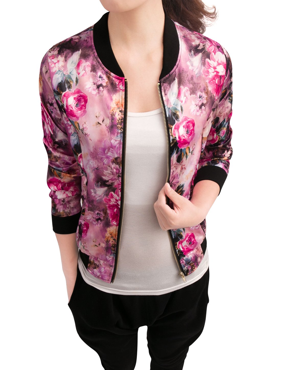 Allegra K Women's Basic Sport Jacket with Floral Print High Neck French Pedestal