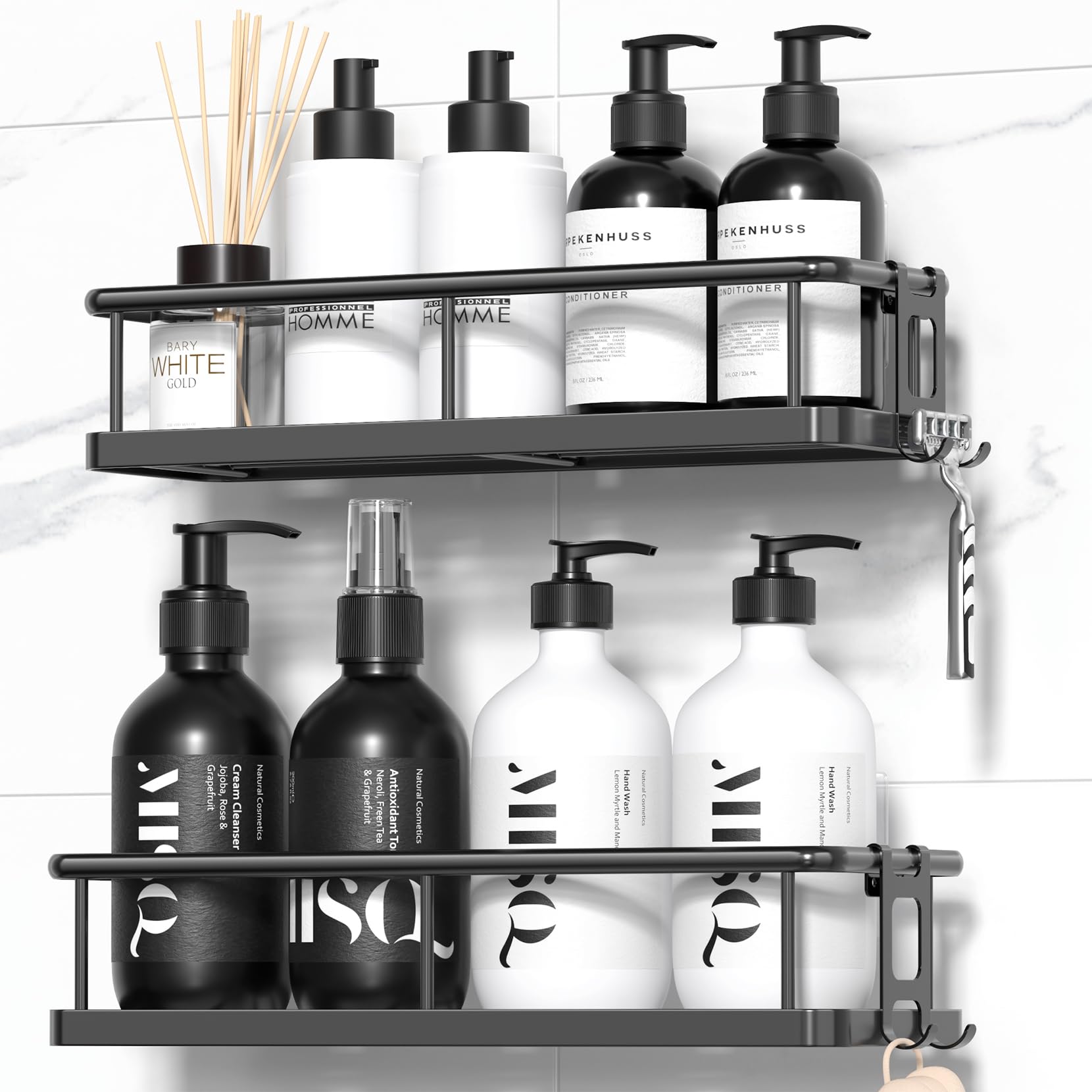 YASONIC Shower Caddy, Rust Proof Bathroom Storage Shelves, Large, Black | 2-Pack