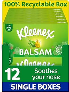 Kleenex Balsam Facial Tissues - Multipack 12 Tissue Boxes | Balm Tissues Protect and Soothe Your Nose When You've Got a Cold - Balmcare® with Aloe Vera, Vitamin E and Calendula