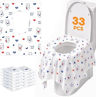 33 Pcs Toilet Seat Covers Disposable, Individually Wrapped for Travel | Large Portable Waterproof Potty Seat Covers in Sets of 3 with Adhesive Tabs for Toddlers, Kids &amp; Adults - Cute Rabbit