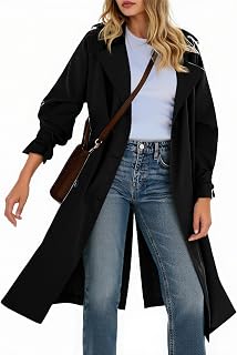 Tankaneo Ladies Double Breasted Long Trench Coat Lightweight Notch Oversize Windproof Autumn Overcoat with Belt