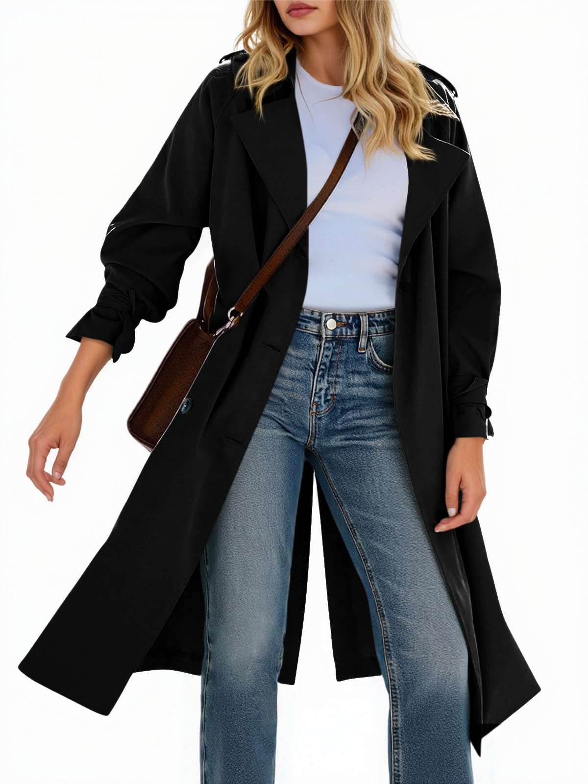Tankaneo Ladies Double Breasted Long Trench Coat Lightweight Notch Oversize Wind