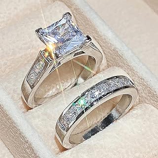 Set di 2 anelli di fidanzamento placcati in oro con zirconia cubica, anelli di fidanzamento, fedi nuziali, promesse, feste serali, anniversari, San Valentino, fedi eternità da donna