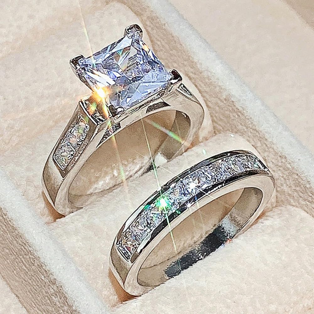 Set di 2 anelli di fidanzamento placcati in oro con zirconia cubica, anelli di f