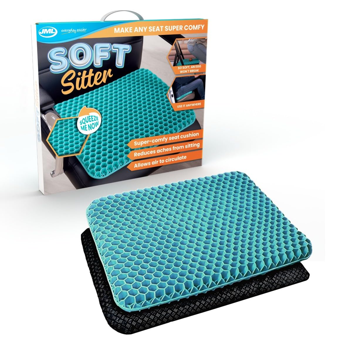 JML Soft Sitter Gel Seat Cushion & Cover Bundle – Honeycomb, Aqua Green | Honeyc