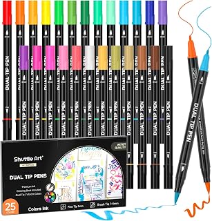 Shuttle Art Dual Tip Brush Pens Art Markers, 25 Colors Fine and Brush Dual Tip Markers Set with 1 Coloring Book for Adult Artist Calligraphy Hand Lettering Journal Doodling Writing
