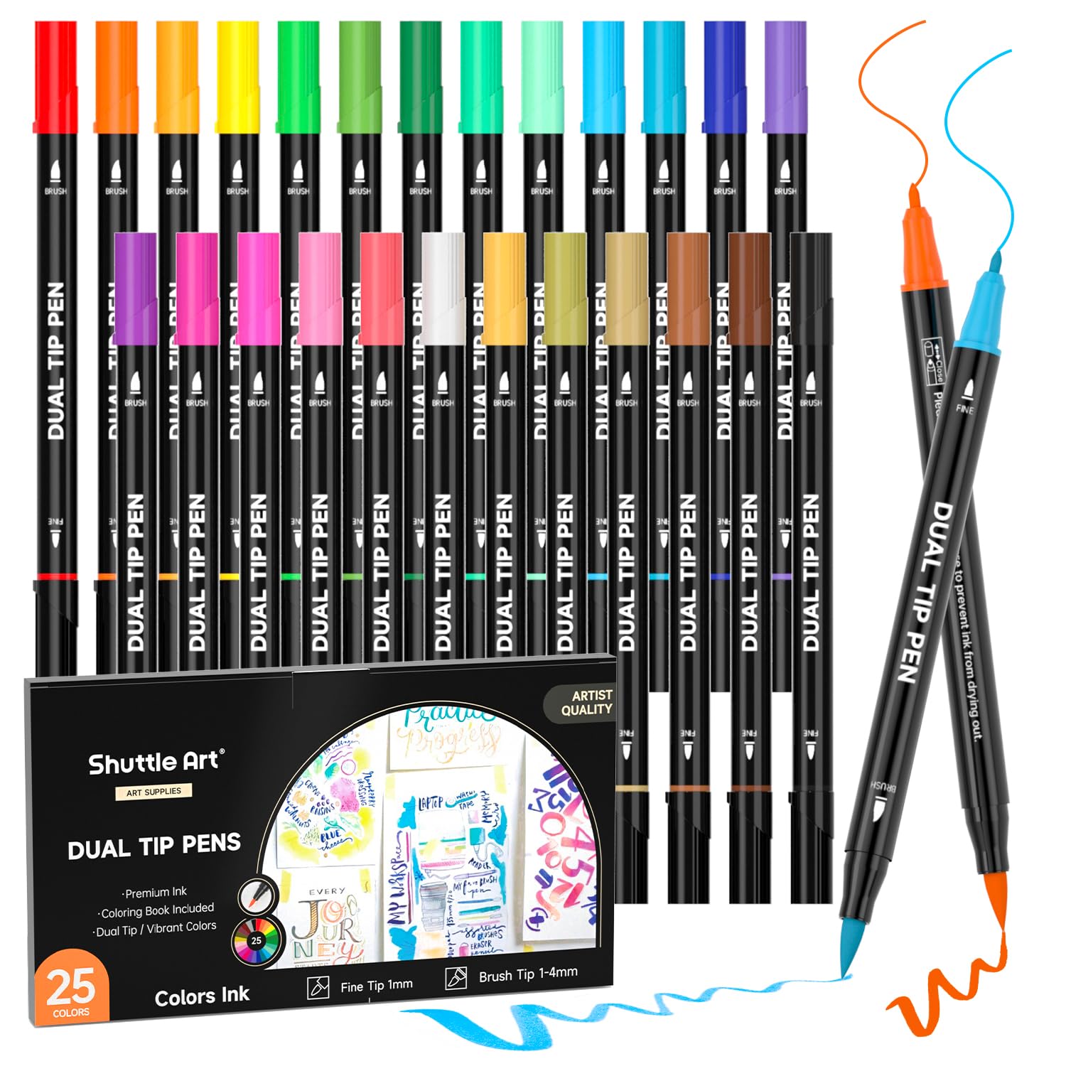 Shuttle Art Dual Tip Brush Pens Art Markers, 25 Colors Fine and Brush Dual Tip M
