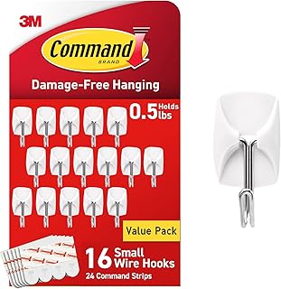 Command Small White Wire Hooks, 16 Hooks, 24 Strips | Damage-Free Hanging with Adhesive No Tools Wall Hooks for Hanging Decorations in Living Spaces, Holds up 0.5 lb