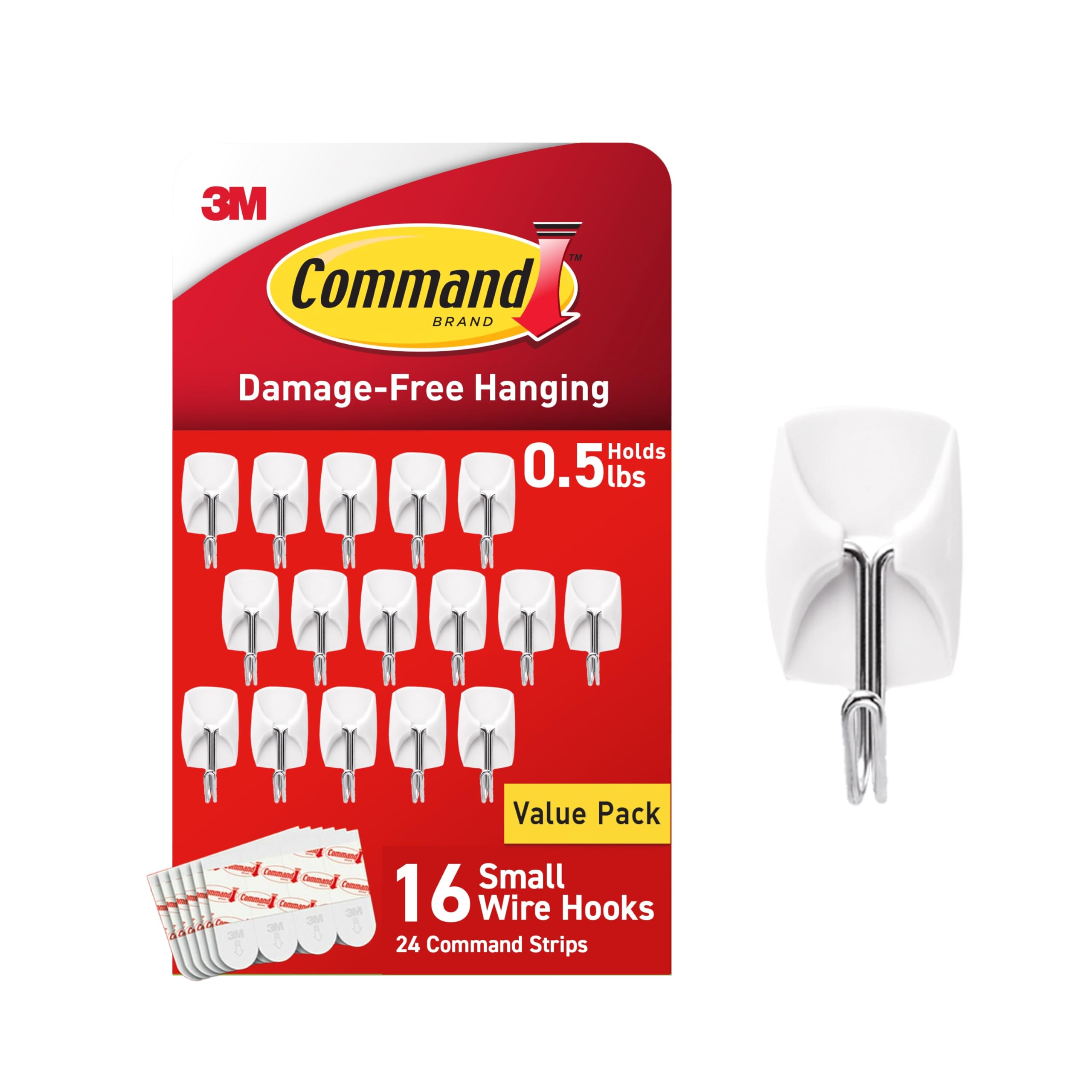 Command Small White Wire Hooks, 16 Hooks, 24 Strips | Damage-Free Hanging with A