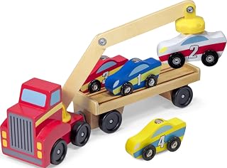 Melissa & Doug Magnetic Car Loader Wooden Toy Set with 4 Toy Cars | 6 Pieces, Wooden Truck, Detachable Trailer, Magnetic Crane, 4 Numbered Cars, Vehicle Sorting Play, Preschool Toys, Ages 3+