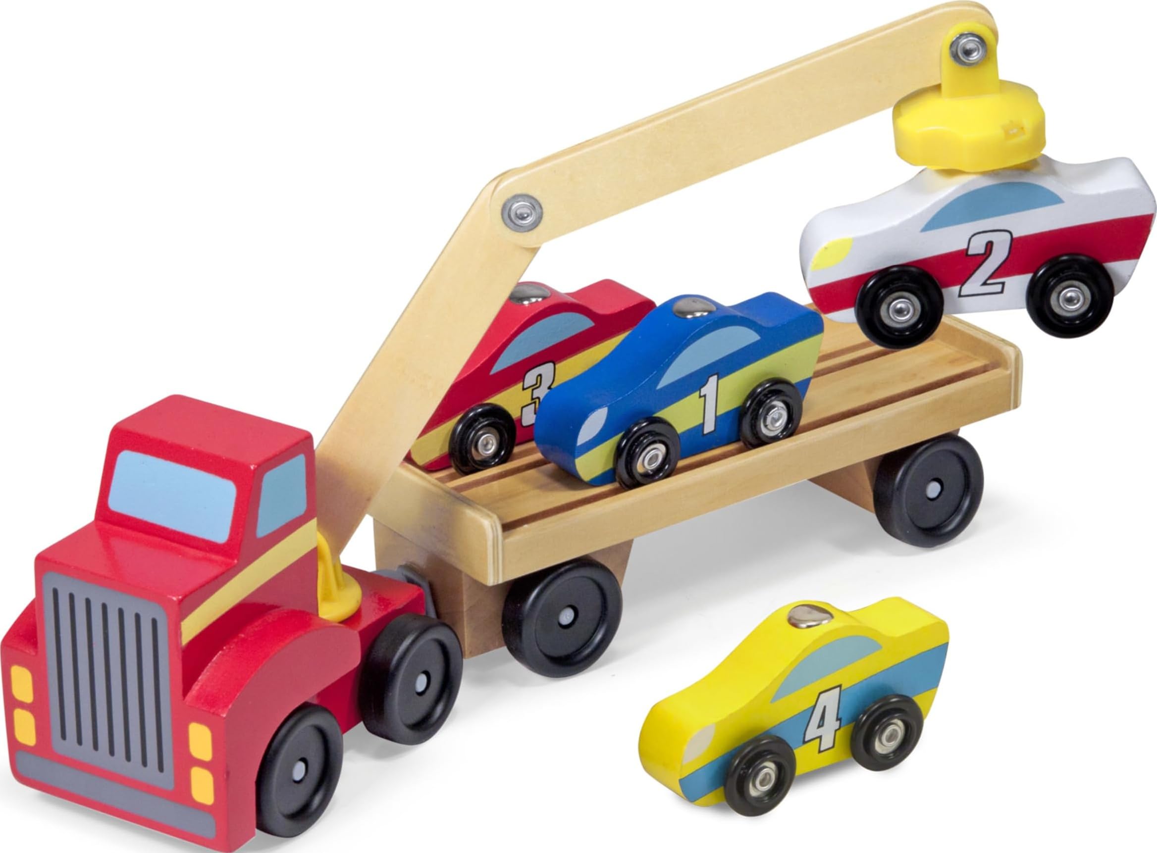 Melissa & Doug Magnetic Car Loader Wooden Toy Set with 4 Toy Cars | 6 Pieces, Wo