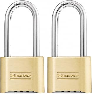 Master Lock Combination Padlock Outdoor Brass Long Shackle 2-Pack 175LHEC2 | Outdoor Combination Lock For Gates, Sheds, Fences, Resettable 4-digit Lock, Extended 2-1/4-inch Shackle, Weather Resistant