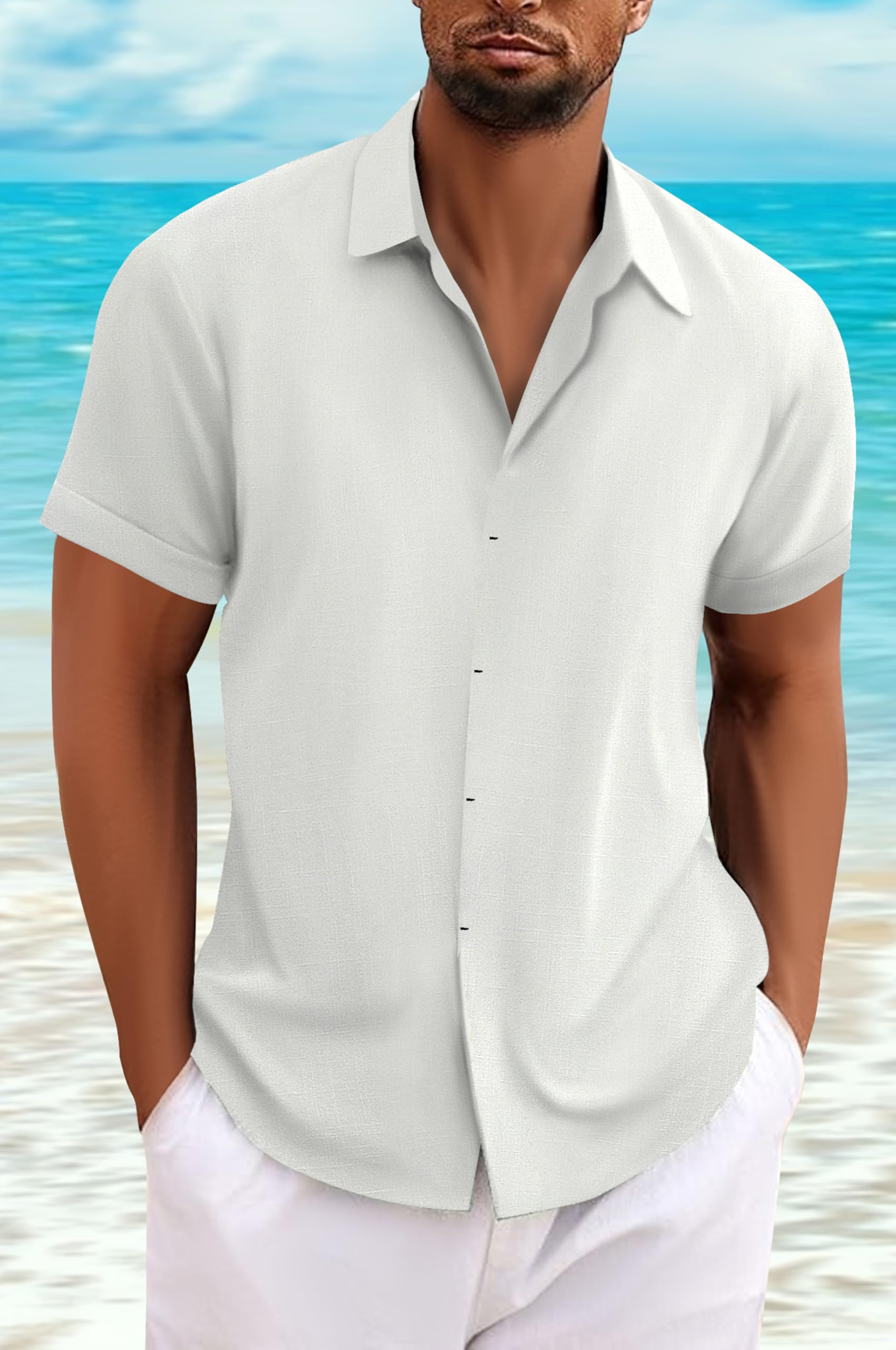 Mens Linen Shirts Short Sleeve Casual Button Down Shirts Beach Summer Wedding