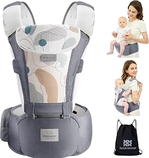 Bebamour Baby Carrier with Hip Seat, Newborn to Toddler 0–36 Months, Ergonomic Infant Carrier with Adjustable Waist Belt, Head Hood, Teething Pads & Waist Extender, Grey