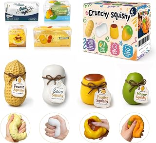 Tyarcox 4 Pack Crunchy Squishy Stress Ball, Mango Pudding Peanut & Soap Block Flake Filled ASMR Fidget, Moldable Sensory Squeeze Gift with Premium Box, Party Favors & Gifts