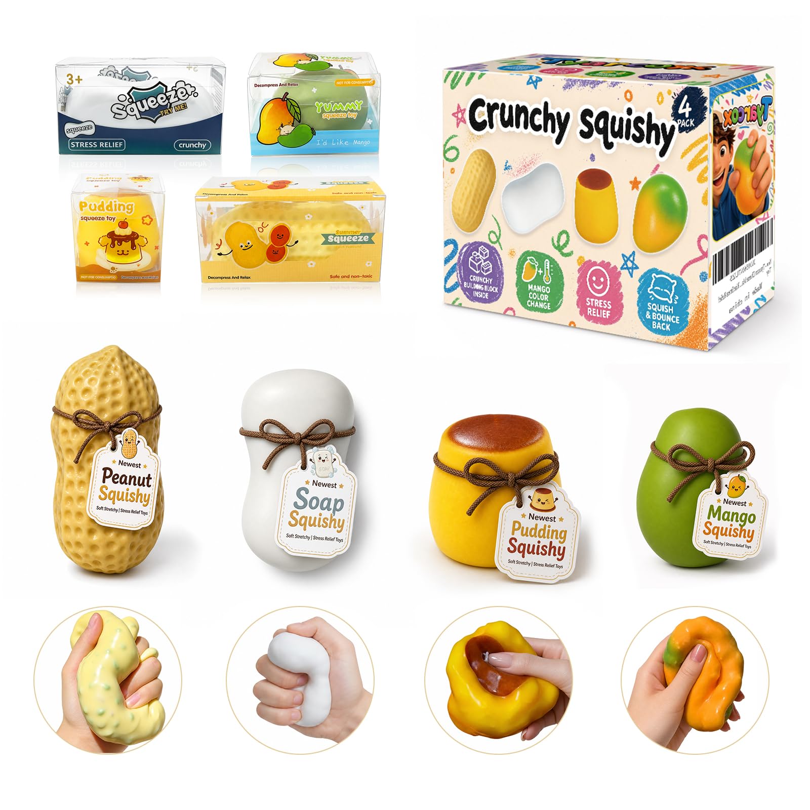 Tyarcox 4 Pack Crunchy Squishy Stress Ball, Mango Pudding Peanut & Soap Block Fl