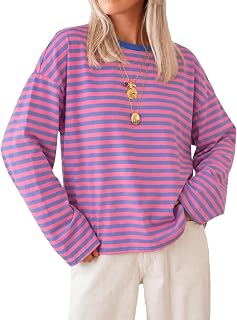 Cicy Bell Camicie da donna a maniche lunghe a righe girocollo casual in cotone top t-shirt vestibilità ampia