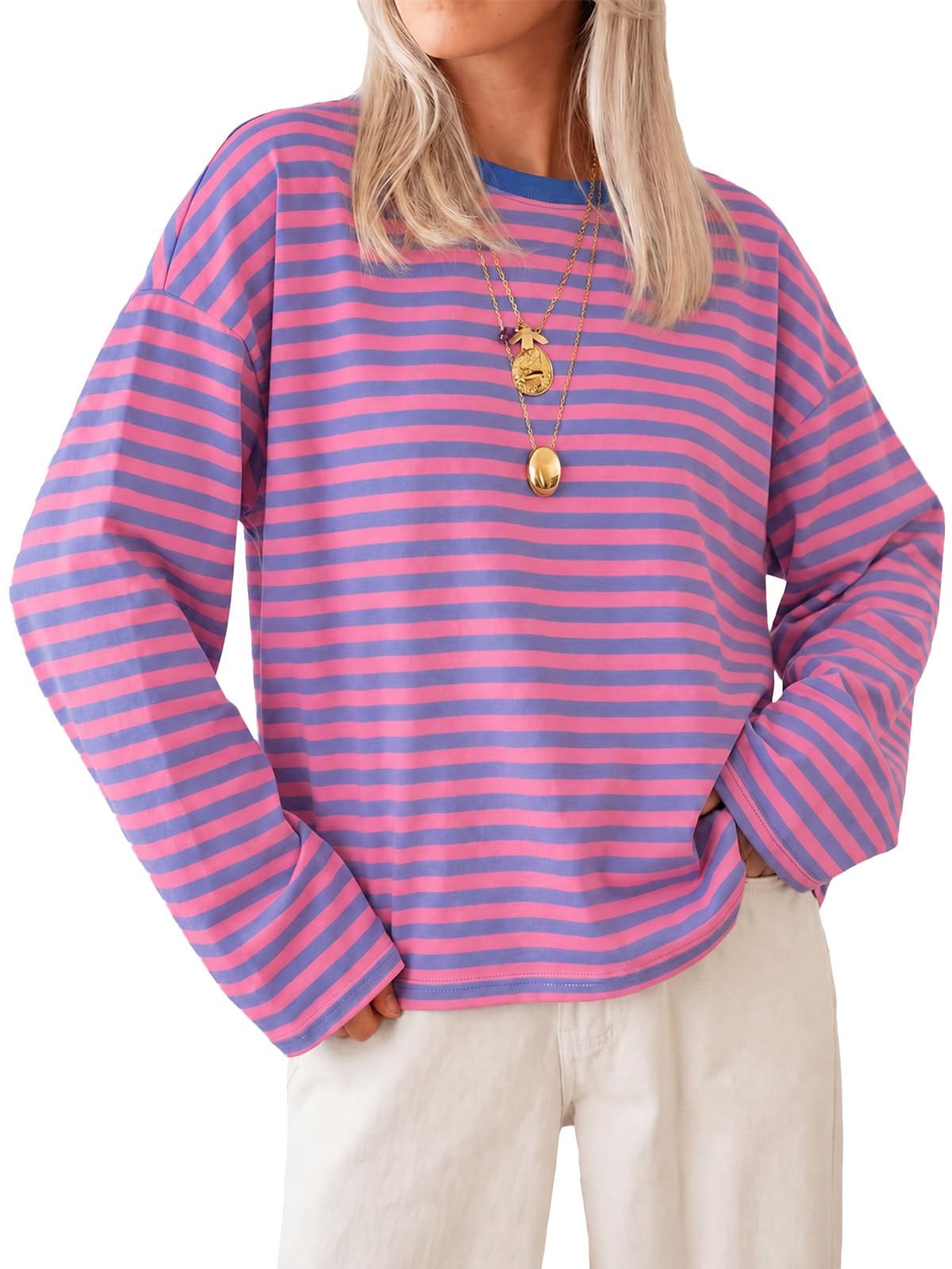 Cicy Bell Camicie da donna a maniche lunghe a righe girocollo casual in cotone t