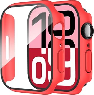 Smiling 2 Pack Case Compatible with Apple Watch Series 11 (2025)/10 46mm with Tempered Glass Screen Protector, Hard PC Case Overall Protective Cover- 1 Red + 1 Transparent