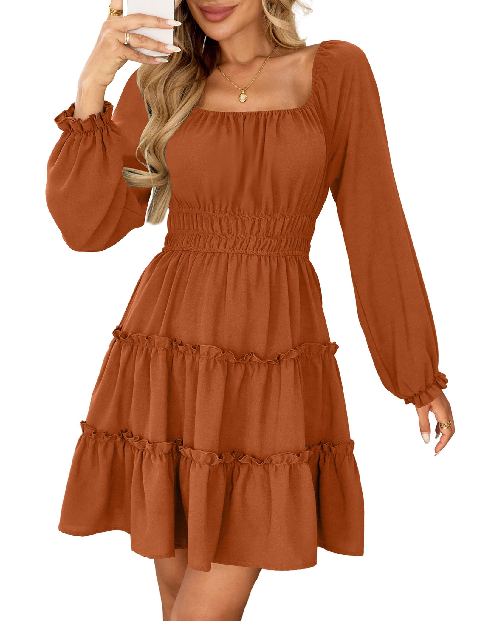 Amoretu Women’s Square Neck Long Sleeve Dress Tiered Ruffle A-Line Flowy Mini Dr