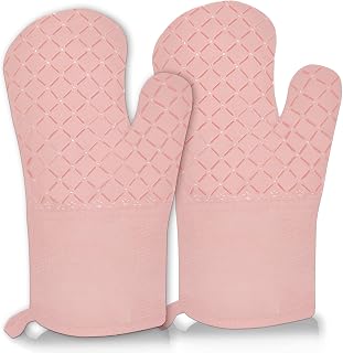 Heat Resistant Oven Gloves for Kitchen, Long Oven Gloves and Pot Holders with Non-Slip Silicone Strip and Soft Cotton Lining, Silicone Oven Gloves for Cooking Gloves