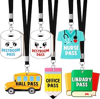 Sabary 6 Set Hall Pass Lanyard Bathroom Restroom Passes Classroom,Cute | Unbreakable Wood, For Restroom Library Office Nurse Hallway, Cute Cartoon Designs, Teacher Classroom Management Gift