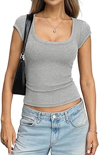 EasyGala Womens Cotton Ribbed Short Sleeve T Shirts Fitted Summer Cute Tops