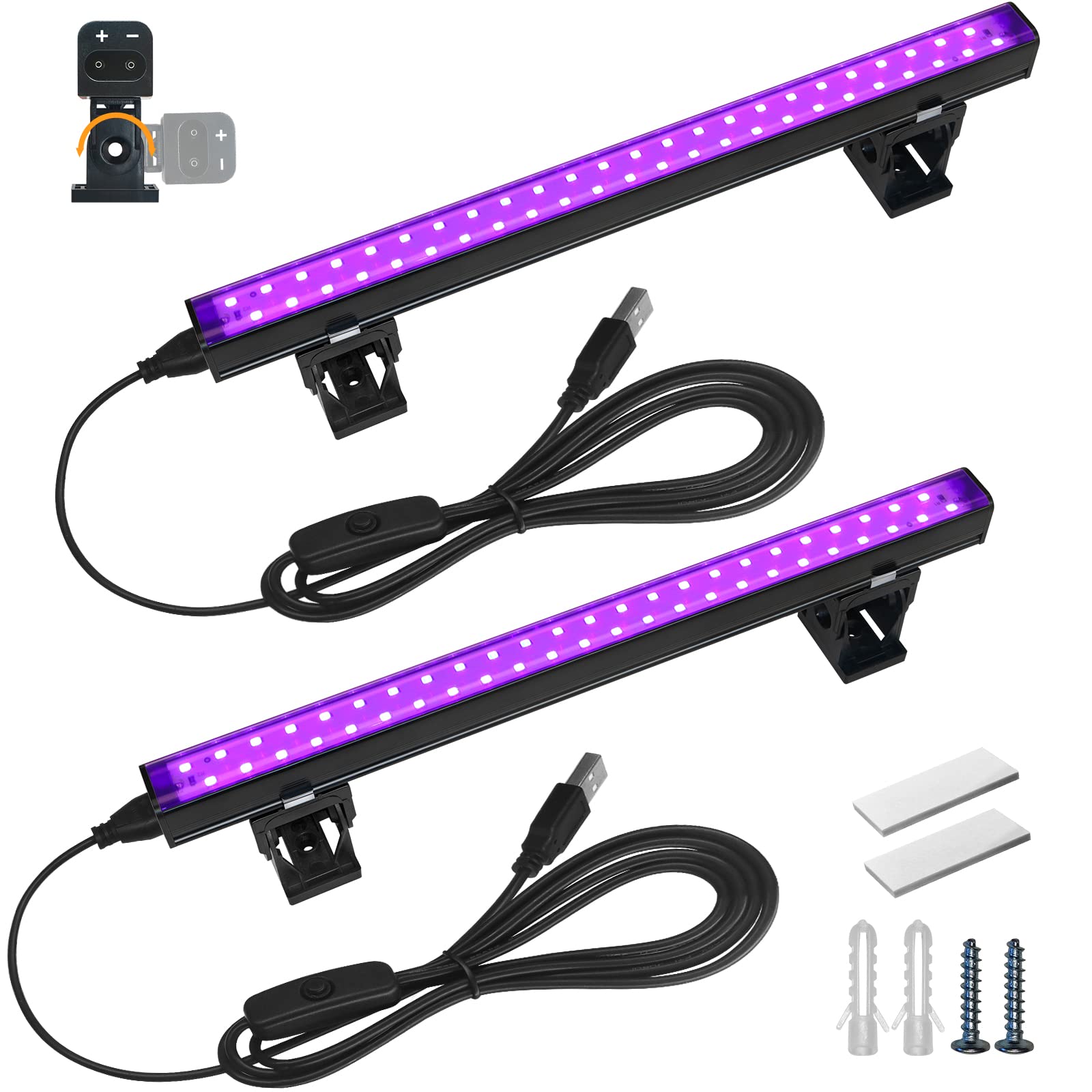 Barrina UV LED Blacklight, 10W 1ft USB Black Light, Adjustable, 2 Packs | Black 