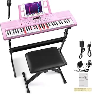 Ktaxon 61 Key Keyboard Piano Electric Keyboard with Lighted Keys | Electric Piano Set with Headphones, Microphone, Music Rest, Power Adapter, Stand, Piano Bench, Stickers & Manual (Full-Pink)