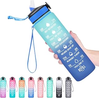 Hyeta 32 oz Water Bottles with Times to Drink and Straw, Motivational Water Bottle with Time Marker, Leakproof & BPA Free, Drinking Sports Water Bottle for Fitness, Gym & Outdoor, Green-Blue