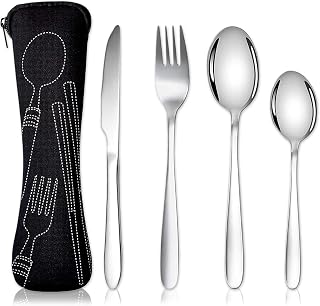 Acehome Cutlery Set with Portable Pouch Case, Stainless Steel Flatware Camping Utensil Set with Neoprene Bag for Outdoor Travel Picnic Office School Lunch Box (4 Pcs Black)