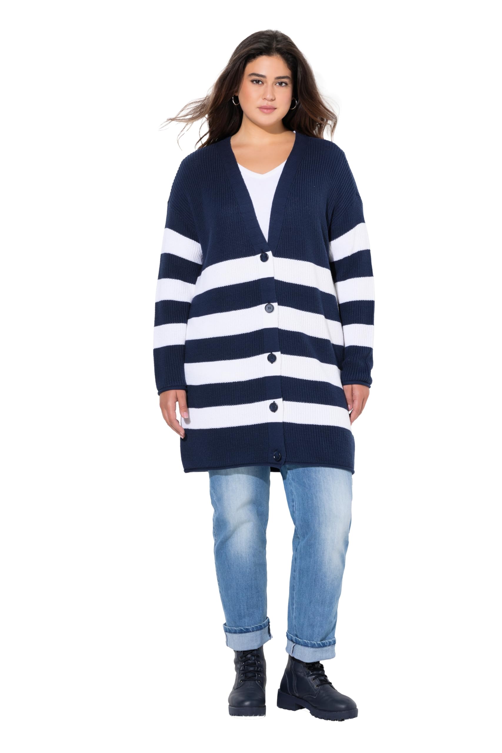 Ulla Popken Strickjacke, Streifen, Boxy, V-outschnitt, Rollkanten Cardigan Sweat