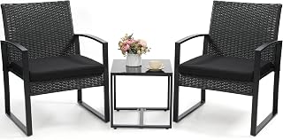 Murago Outdoor 3-Piece Wicker Bistro Set, Patio Conversation Set | 2 chairs with Coffee Table, for Balcony, Porch, Garden, Yard, Poolside, Black Frame & Black Cushion
