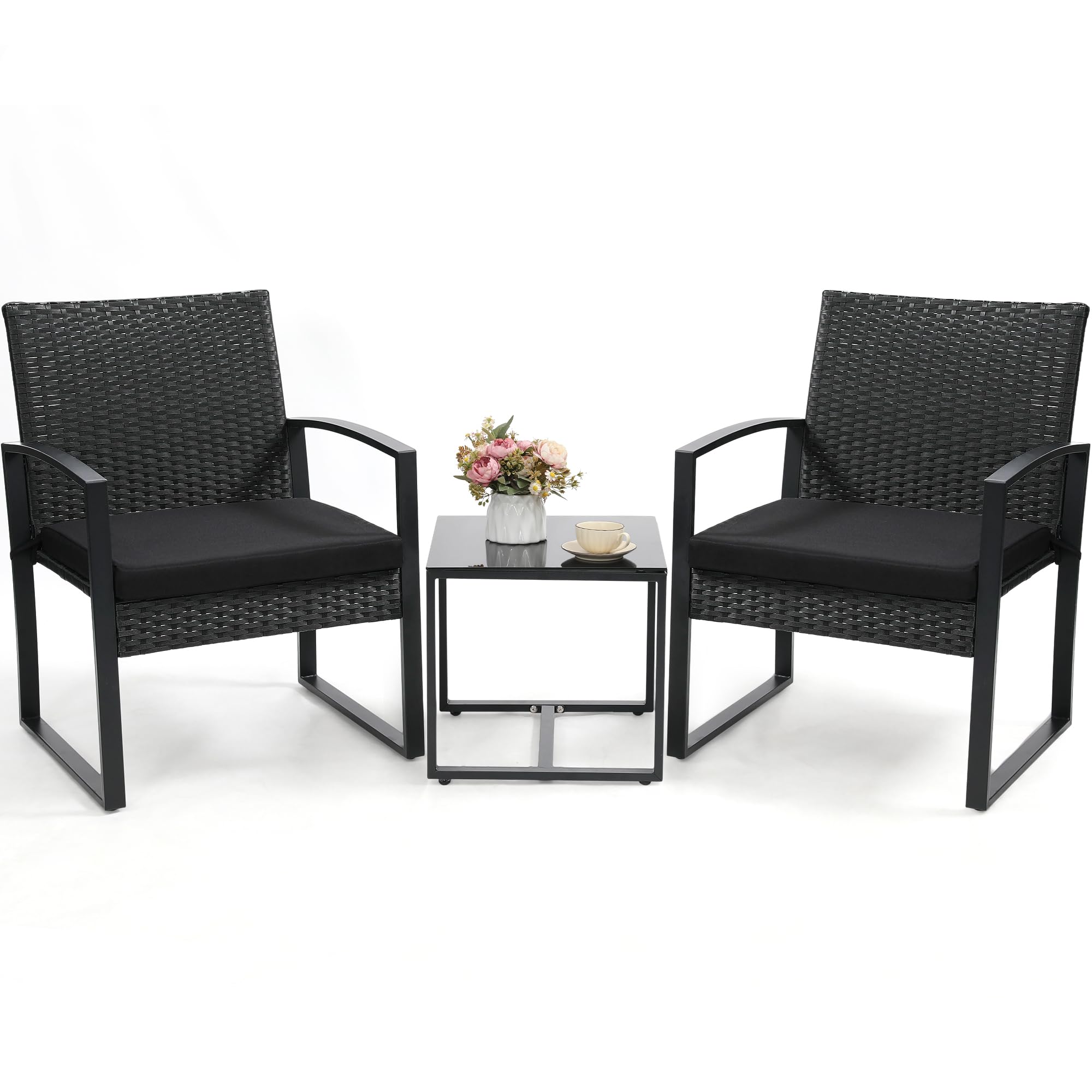 Murago Outdoor 3-Piece Wicker Bistro Set, Patio Conversation Set | 2 chairs with