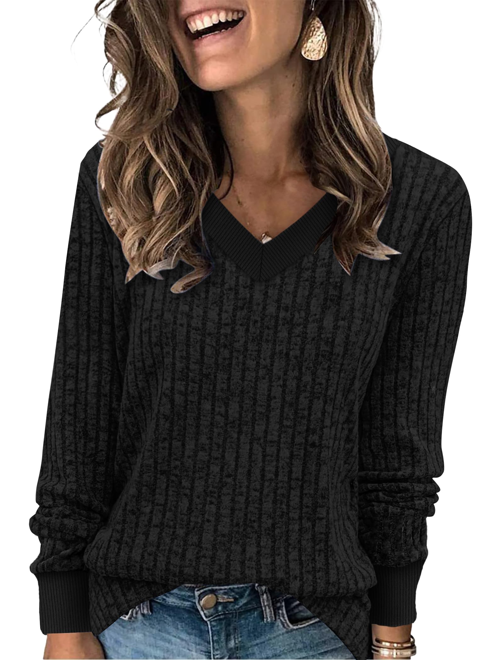 Sampeel Women's V Neck Long Sleeve Shirts – Dressy Casual Fall Tops, Soft Lightw