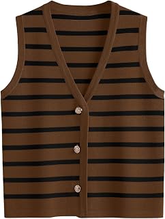 LILLUSORY Vest Tops for Women Striped Sweater Vest 2024 Fall Crochet Cropped Button Up Work Tank Top Outfits Y2K Clothes