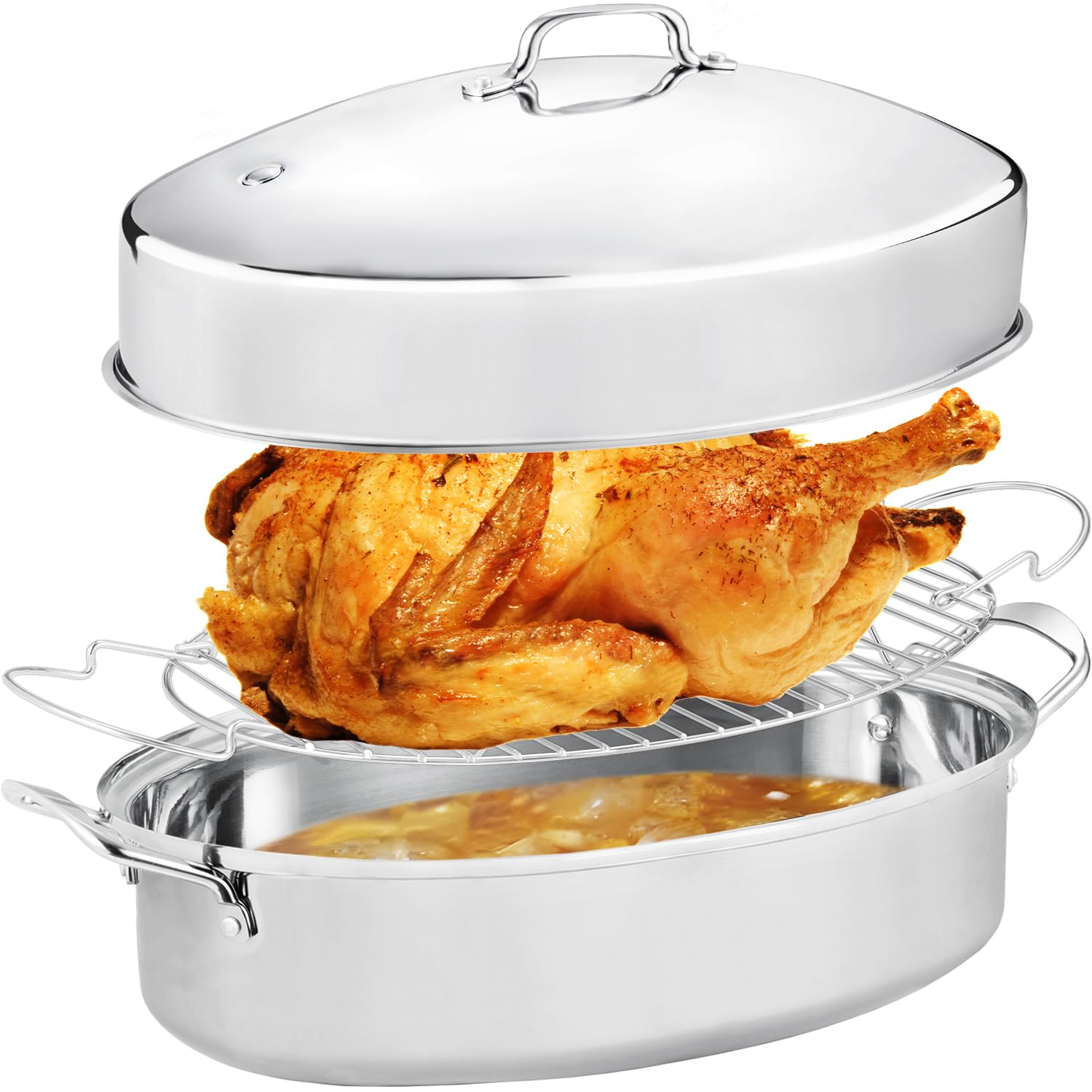JY COOKMENT 22" Large Roasting Pan with Rack and Lid,Oval Turkey Roaster Pan for
