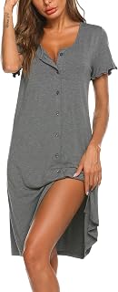 Ekouaer Women's Nightgown Short Sleeve Sleepwear Buttons Front Night Dress Summer V Neck