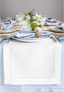 Solino Home Pure Linen Table Runner – White 14 x 90 Inch – 100% Linen Fabric Classic Hemstitch Table Runner – Machine Washable Summer Table Runner for Wedding – Handcrafted from European Flax