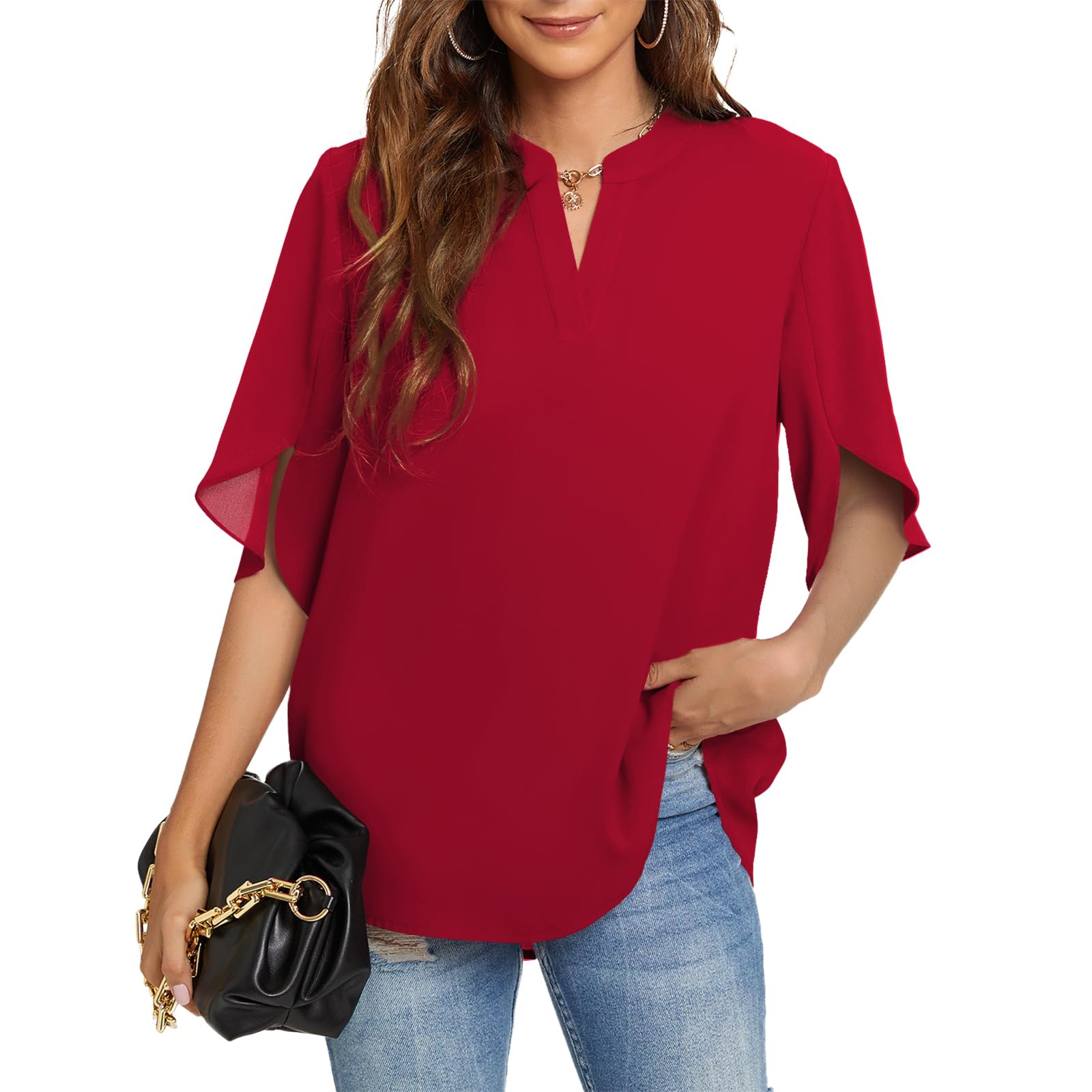 Funlingo Women's Summer Tops Short Sleeve / Long Sleeve Casual Shirts V Neck Chi