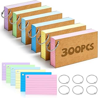 ojussa Flash Cards 300 PCS Revision Cards 3x5 Inch Kraft Paper Notecards | Multicolor Double Sided Flshcards with 6 Metal Binder Ring for Office Home School Learning Record